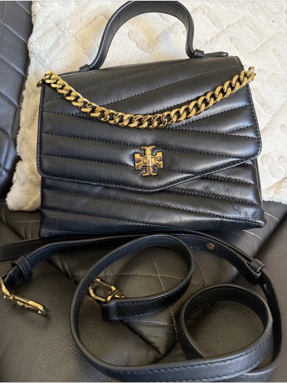 Tory Burch Black Quilted Leather Satchel with Gold Chain